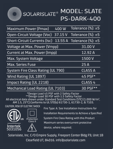 The nameplate carried by every Quad+ tile: model SLATE PS-DARK-400, 400 W, UL 790 Class A fire, UL 1897 wind 45 psf, UL 2218 Class 4 impact, UL 7103 mechanical load 30 psf, and the ETL Listed mark with Intertek control number 5031056